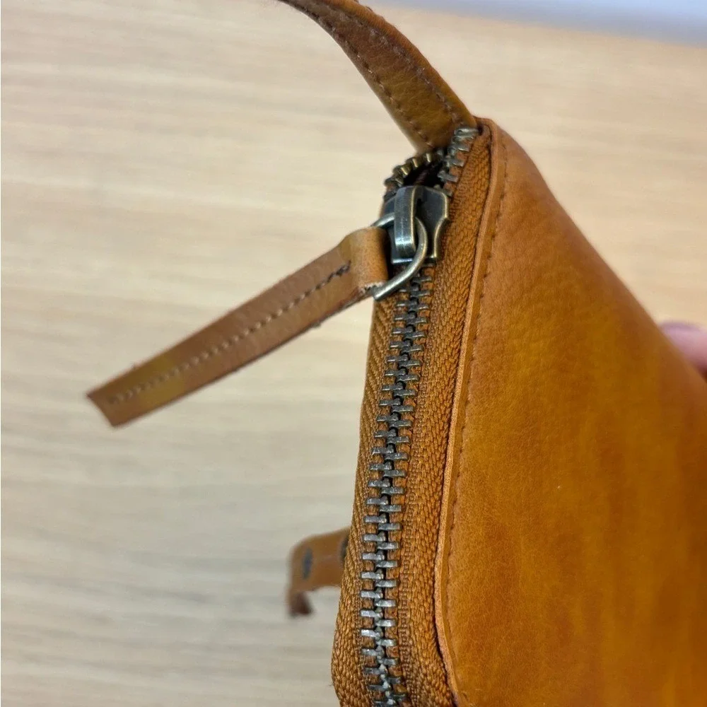 Free People Vegan Leather Wristlet Wallet Tan Brown Zip Around Studded Clutch‎